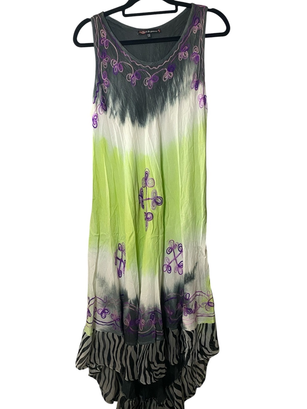 Just Be Gauze Boho Dress Free Size Gray Green Tie Dye Sheer Animal Print Hippie